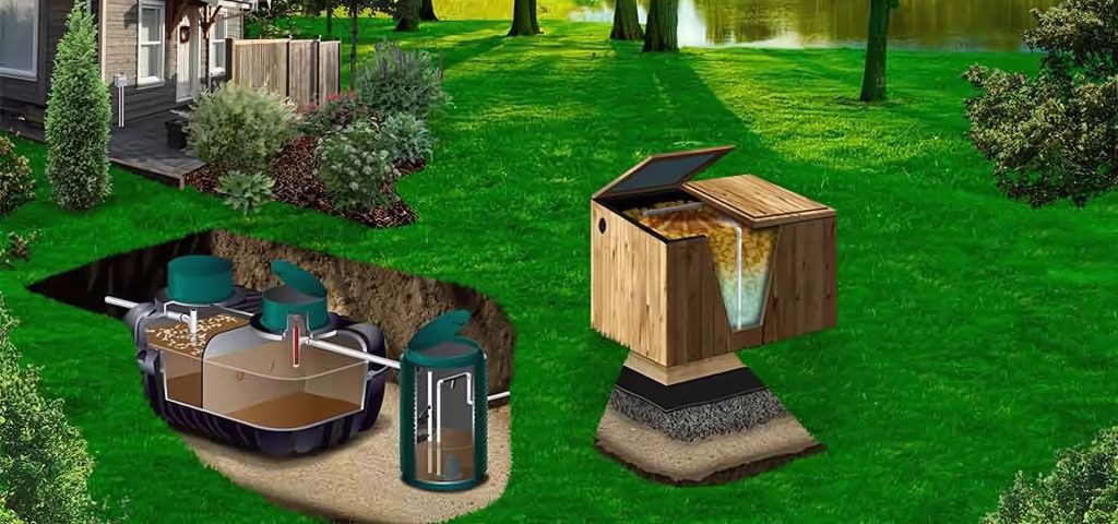 Illustration shows a cross-section of an underground septic tank system next to a house, with pipes connecting to a vertical filter. Beside it, a cutaway wooden structure reveals filtration layers, all set on green grass with trees and a pond in the background. Greenleaf Excavation Muskoka Illustration shows a cross-section of an underground septic tank system next to a house, with pipes connecting to a vertical filter. Beside it, a cutaway wooden structure reveals filtration layers, all set on green grass with trees and a pond in the background. Greenleaf Excavation Muskoka